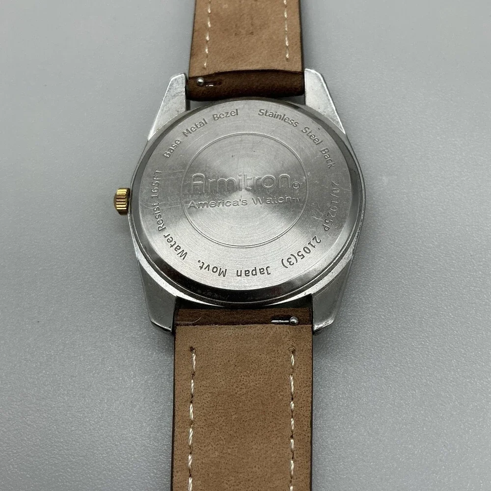 Armitron 20/1225 Mens Watch 38mm Silver Tone Brown Leather Day Date New Battery